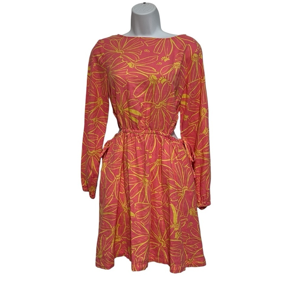 Linen Women's Pink Floral Long Sleeve Mini A-Line Dress Side Cutouts Size XS